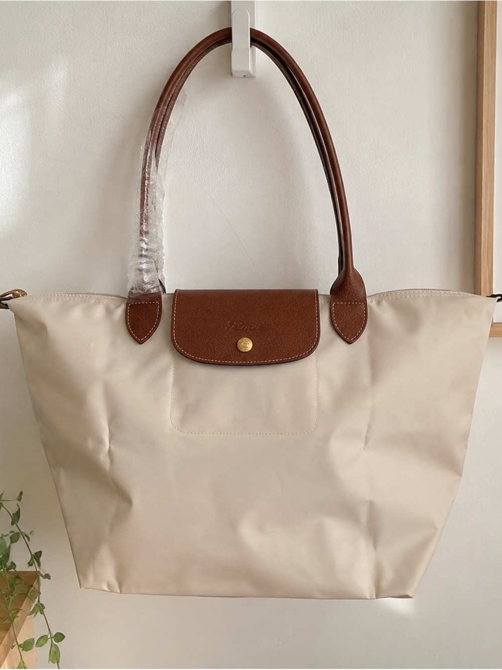 Longchamp Beige Tote with Brown Leather Trim
